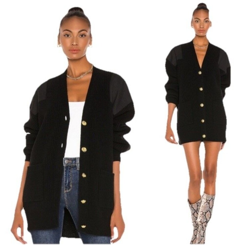 A.L.C. Black Ribbed Long Cardigan with Gold Buttons